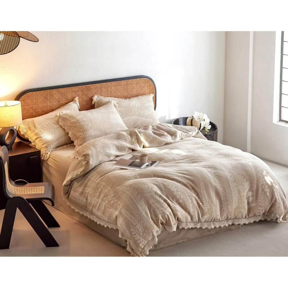 Linnet Jacquard Lace Linen Duvet Cover Set Queen BeigeJacquard Banana Leaves